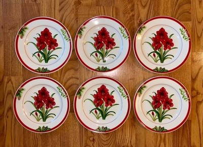 (6) AMERICAN ATELIER~HOLIDAY FLORAL~7-5/8'' SALAD PLATES~AMARYLLIS~NEW~TAGS