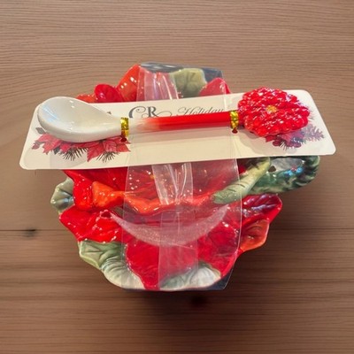 CORNER RUBY Poinsettia Cup And Saucer Set With Spoon- NEW- Hard To Find