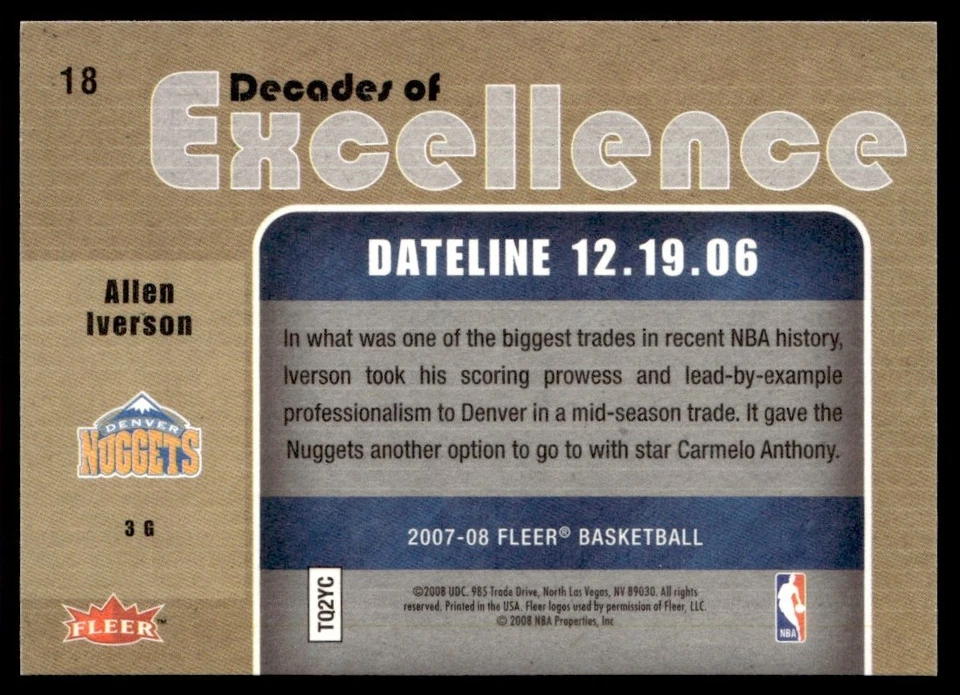 2007-08 Fleer Decades of Excellence Allen Iverson Denver Nuggets #18 - Image 2 of 2