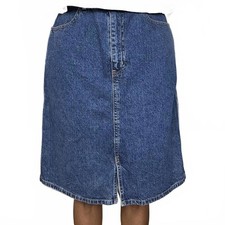 VTG 90S EDDIE BAUER DARK WASH KNEE HIGH DENIM JEAN SKIRT FRONT SLIT WOMENS 28
