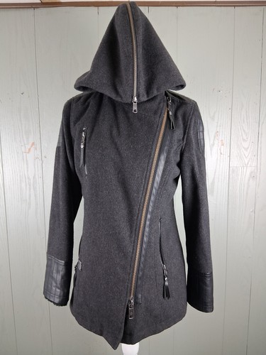 Harley Davidson Jacket Womens Small Gray Wool Blend Hooded Asymmetrical Moto Zip - Picture 4 of 19