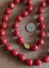 Chinese Handmade Carved Red Cinnabar Bead Necklace