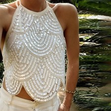 Women  s Halter Sequin Crop Top   Backless Tie-Up Sparkly Glitter Party Clubwear