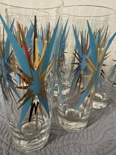 Vintage Federal Glass Co. Inca Atomic Starburst MCM Turquoise Gold Set Of 8