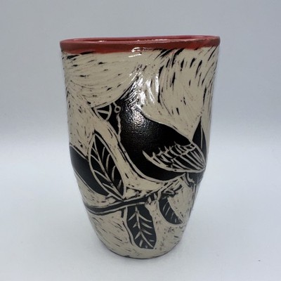 Artist Signed  Sgraffito Black & White Hand Thrown Vase Bird On A Branch 6 