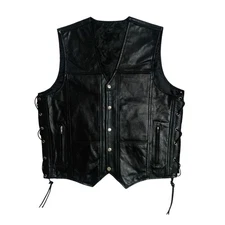 Anaaz Men BLACK Leather Motorbike Vest V-Neck Side Laces Biker Concealed Biker
