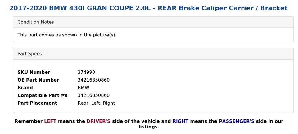 BMW 430I 2017-2020 Gran Coupé 2,0 L - Porta pinza de freno trasero/soporte Foto 4 de 4