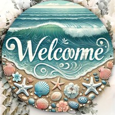Round Ocean Welcome Metal Sign Beach Themed Starfish Seashell Home Decoration