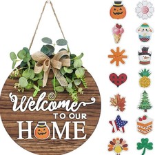 Interchangeable Seasonal Wreaths Front Door Sign Decoration 12inch Rustic Rou...