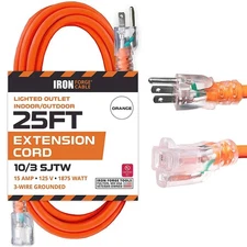 25 Foot Lighted Outdoor Extension Cord - 10/3 SJTW Orange 10 Gauge