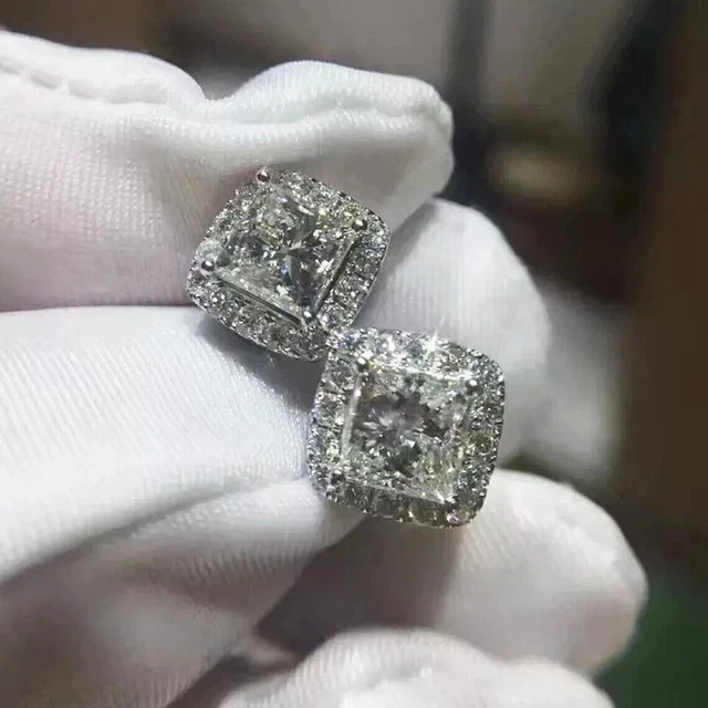 2Ct Lab Created Princess Cut Screw Back Halo Stud Earrings 14K White Gold Plated - Image 4 of 4