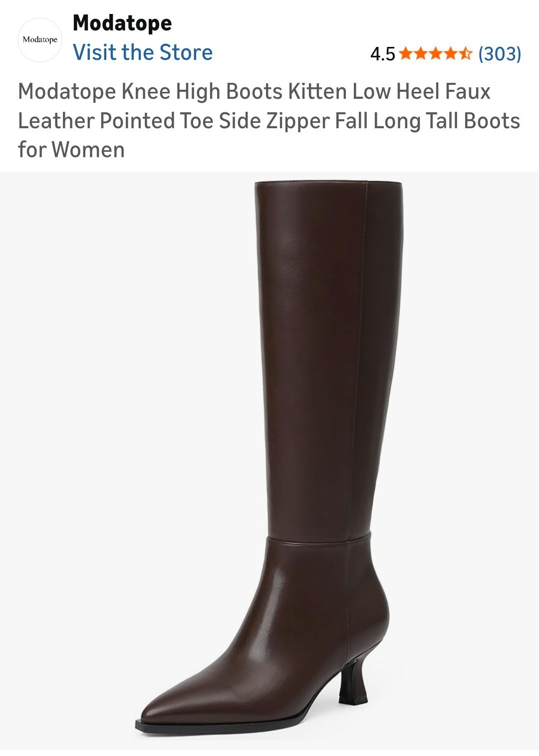Modatope Knee High Kitten Heel Low Stiletto Boots Chocolate PU Leather 7