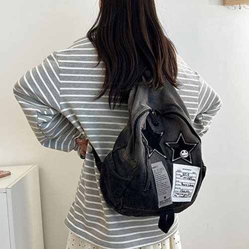 Large Capacity Denim Star Backpack Y2K Double Shoulder Bag Outdoor - Picture 9 of 14