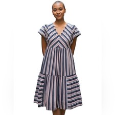 LUCKY BRAND flutter sleeve v-neck single tier midi dress multi color stripe sz S