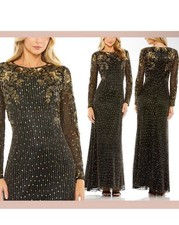 NWT Mac Duggal High Neck Long Sleeve Embellished 5956 GownBLK/GLD 12