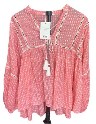 NWT SMF Network Collection Pink Boho Tunic Blouse Womens Large L Sequin Tassel