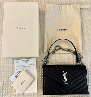 Saint Laurent Cassandre Envelope Chain Wallet   Black Grain de Poudre Leather