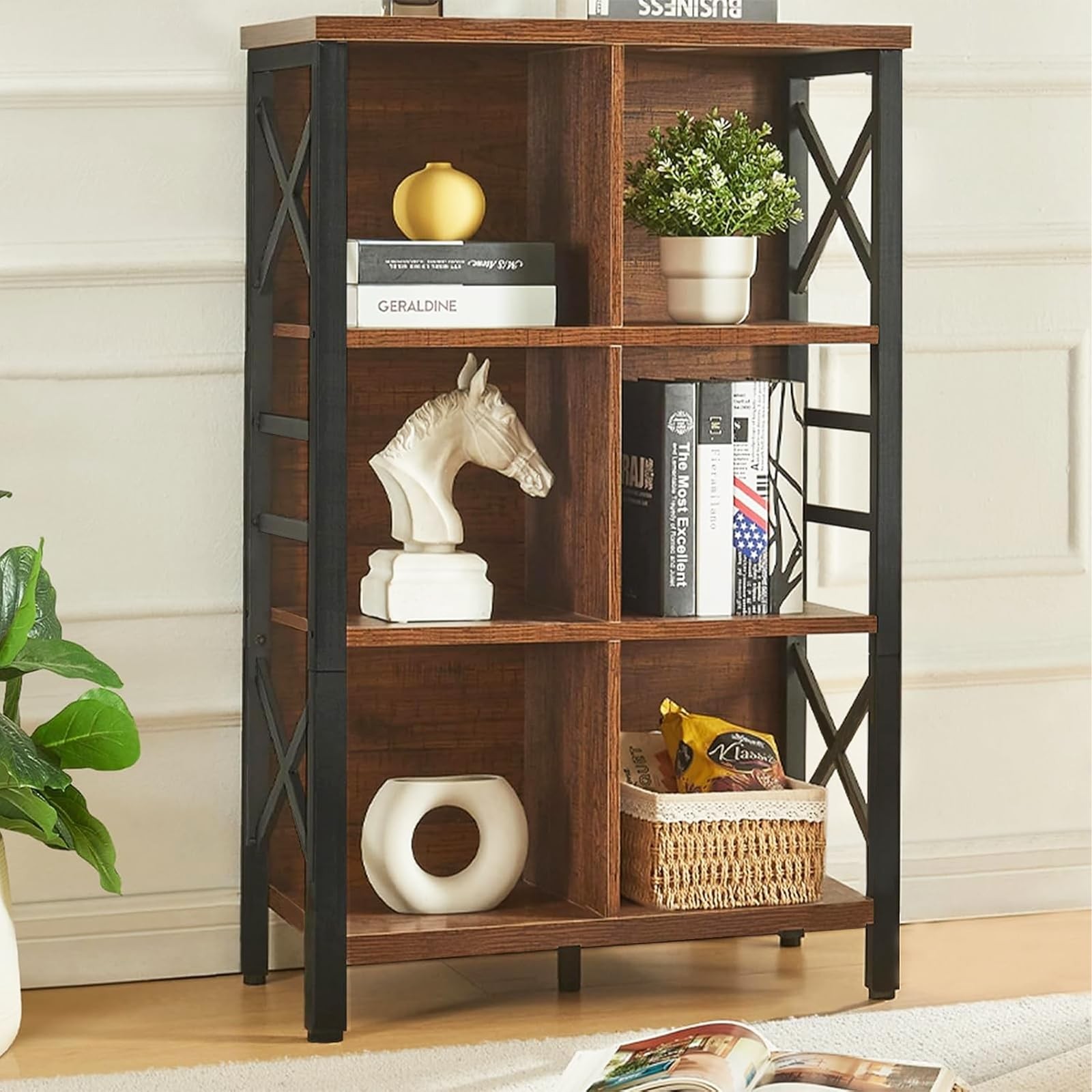 Industrial 4-Tier Cube Storage Organizer with 6 Cubes, Free Standing Bookshelf