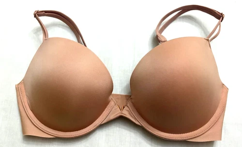 Victorias Secret Push-Up Bra Size 32D Beige Underwires Padding Metal V Accent