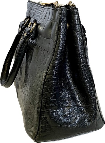 Ashwood Black Croc Embossed Veggie Tanned Leather Three Section Bag Purse - Picture 9 of 17