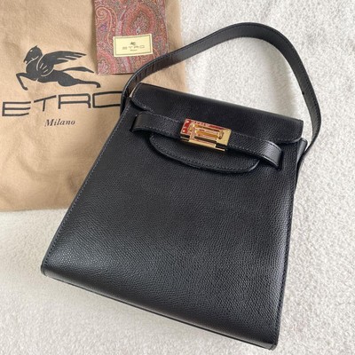 Etro Handbag Black Saffiano Leather Italy Made with Dust Bag 21.4x20x4.5cm