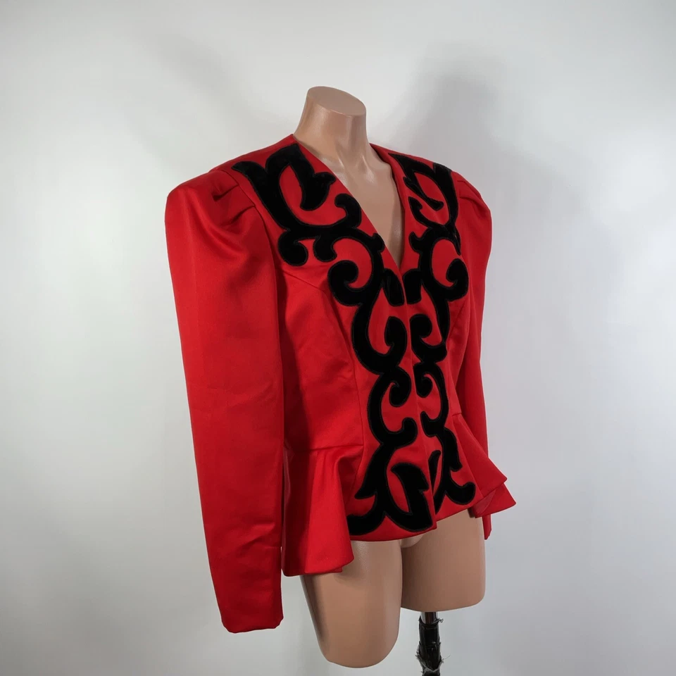 Chaqueta de Noche Vintage Años 80 Neiman Marcus FARINAE Roja Estructurada Peplum Talla 14 Foto 4 de 4
