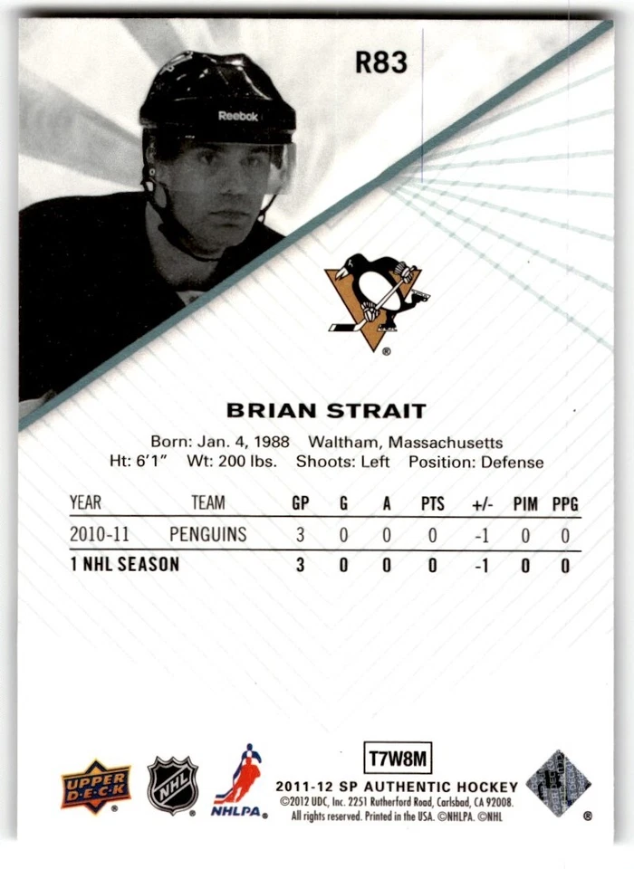 2011-12 SP Authentic Extended Brian Strait Rookie #R83 Pittsburgh Penguins - Image 2 of 2