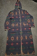 Woolrich Navajo Aztec Long Duster WOOL Sweater Blanket Coat REVERSIBLE Hood Sz L