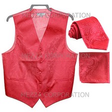 New Vesuvio Napoli Men's paisley Tuxedo Vest Waistcoat Necktie  Hankie Coral
