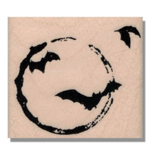 Mounted Rubber Stamp, 3 Bats With Moon, Halloween,Animal,Flying,Bat,Spooky,Media