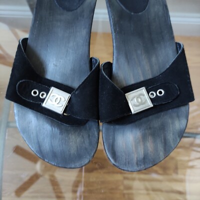 CHANEL Interlocking CC Logo Suede Slide Wood Clog Mule sandals 39