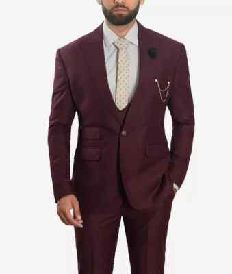 Morgan Men s Peak Lapel 3-Piece Burgundy Suit Jacket 40'' Trousers 34''