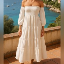 Show Me Your Mumu Midi Dress in White Sz L Gauze Smocked Cottagecore Milkmaid