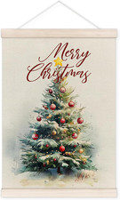 Merry Christmas Tree Poster Hanger with Wood Frame, Vintage Winter Christmas Wal