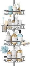 Shower Caddy Tension Pole, Corner Silver 4 Tier, 304 Stainless Steel