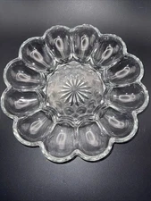 Vtg Clear Glass Deviled Egg Plate Starburst Design Scalloped Rim 10”D