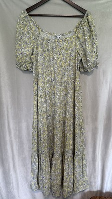 J CREW Sz Medium Yellow White Ruffled  Floral Cotton Maxi Tiered Dress New Eco