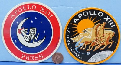 NASA STICKER Pair vtg 1970 Apollo XIII Press 13 Ex Luna Scientia