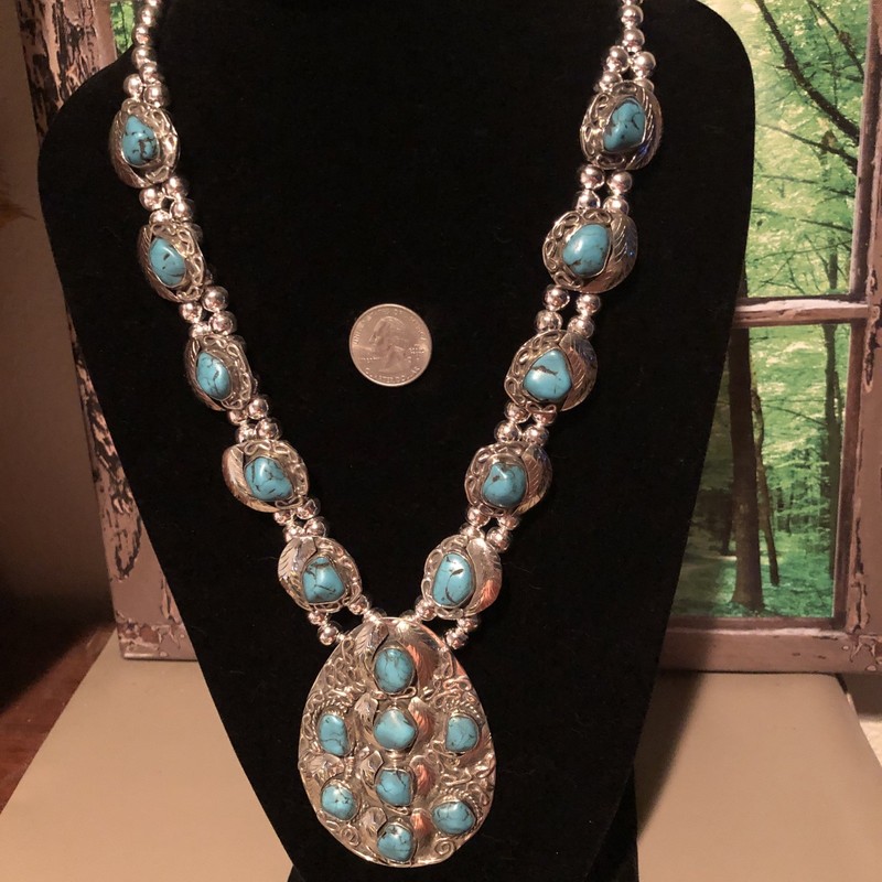 RARE Native Jeweler Genuine CARICO LAKE Turquoise Squash Blossom Necklace