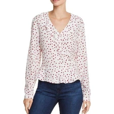 Rails L Blouse Wrap White & Red Heart Pattern Simone Blouse Top Ruffle Trim