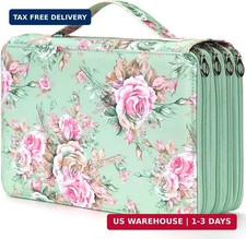200 Slots Pencil Case 4-Layer PU Leather, Handle, Green Rose