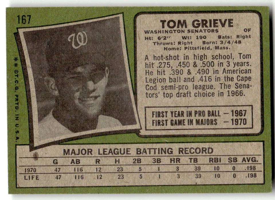 1971 Topps #167 Tom Grieve Washington Senators NR-MINT SET BREAK! - Image 2 of 2