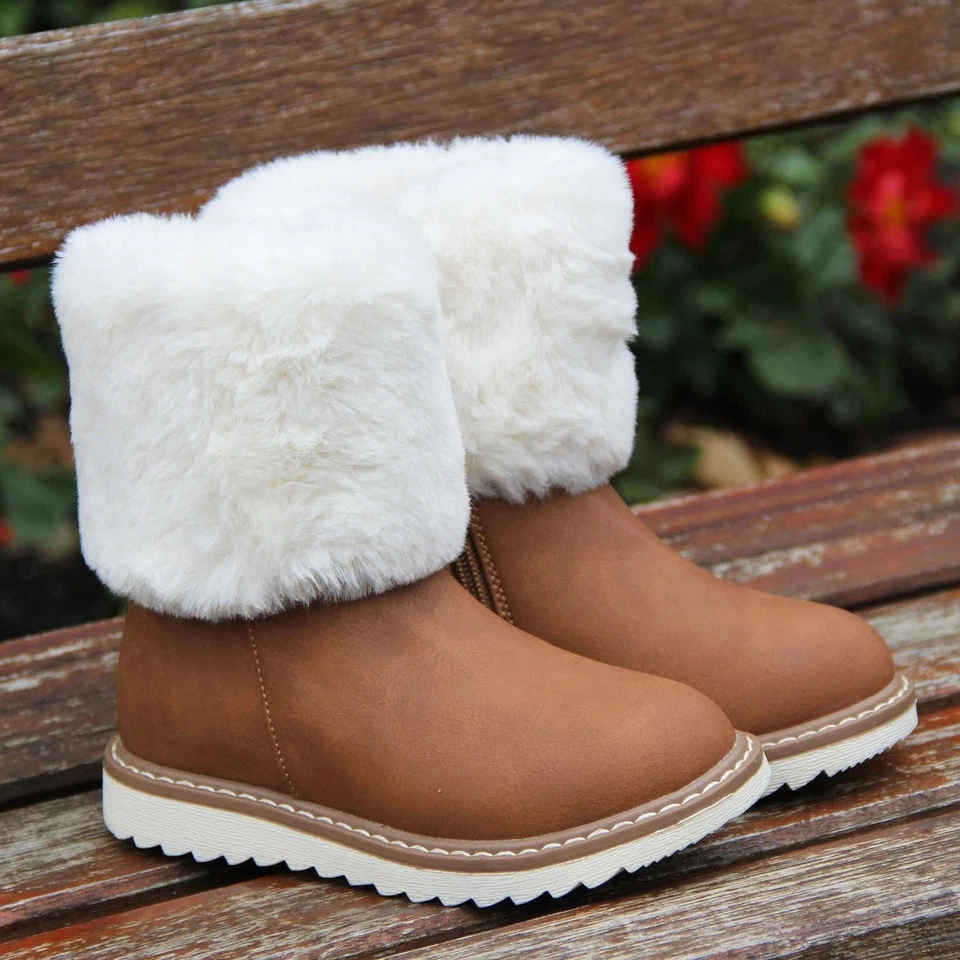 Girls Winter Ankle Boots Kids Fluffy Boots Faux Leather Zip Up Casual Snow Shoe - Image 4 of 4