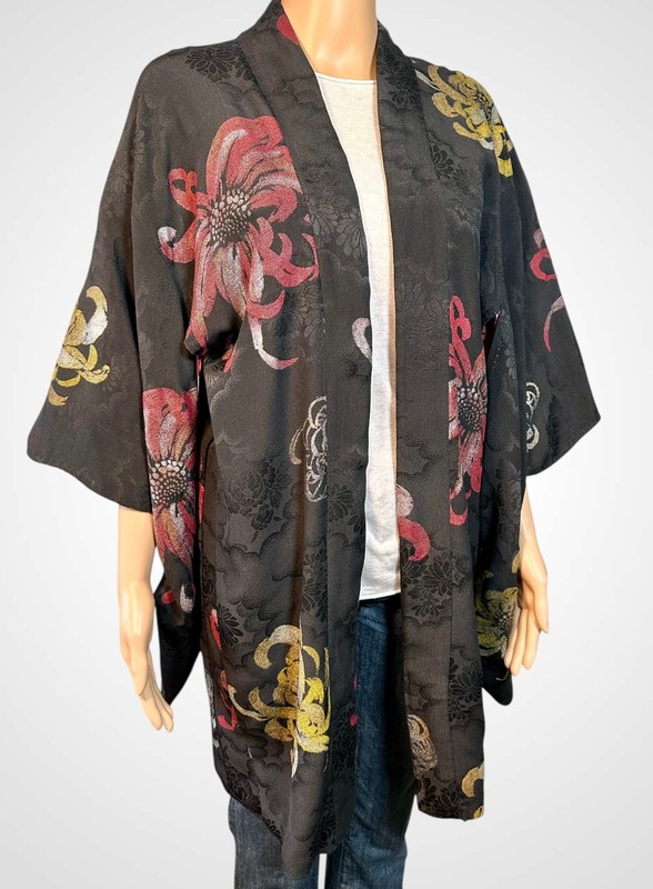 Vintage Luxe Gold & Silver Chrysanthemum Haori Silk Kimono Handmade Post 1940s
