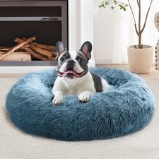 Calming Donut Dog Bed 36in Large Washable Faux Fur AntiAnxiety Blue Fits 80 lb