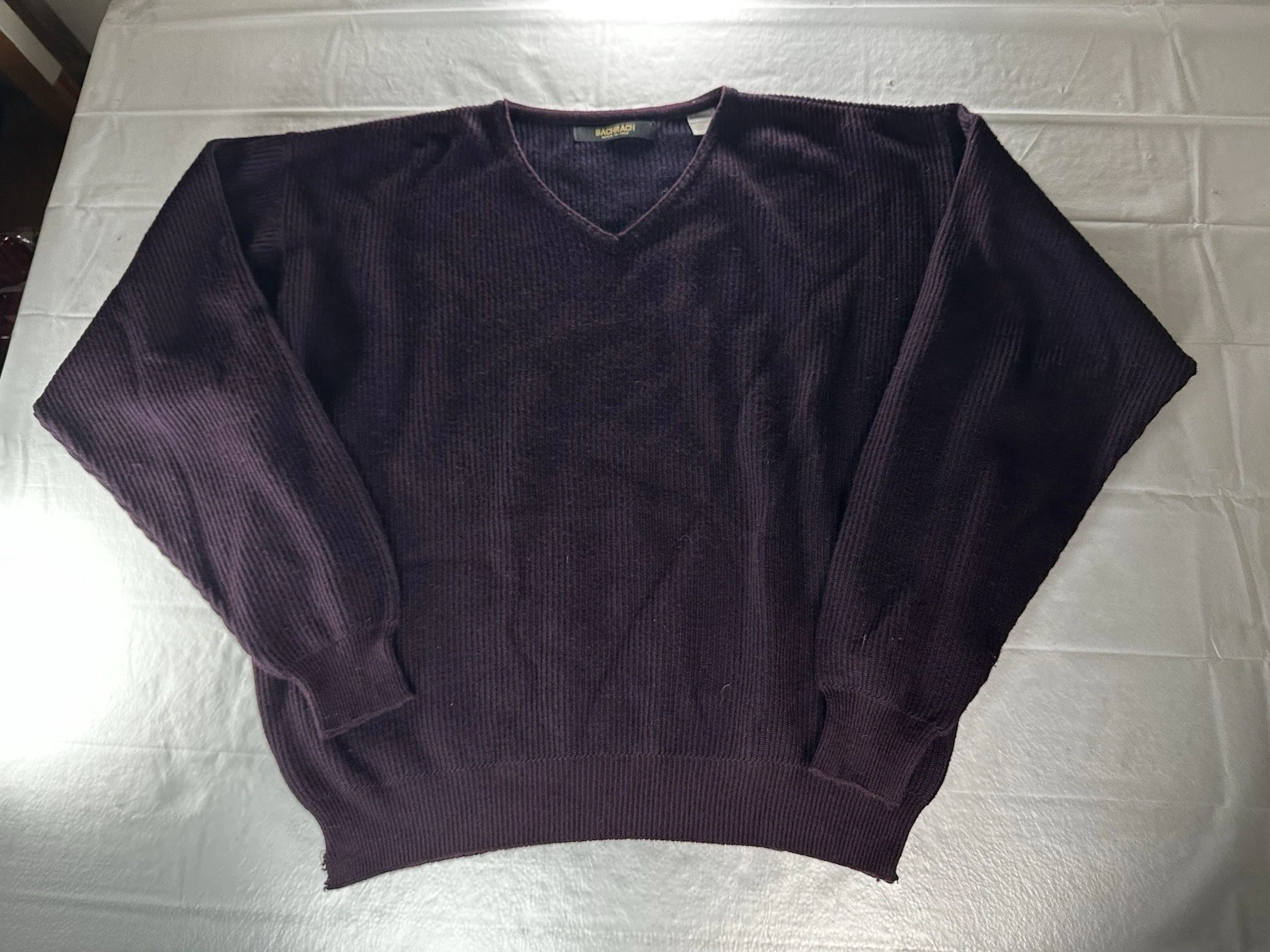 Bachrach Sweater Mens Large Burgundy V Neck Ribbed Knit Vintage Classic Wool