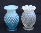 FENTON 2 Miniature Hobnail Bud Vases Blue & Clear Opalescent Glass 1 Ruffled