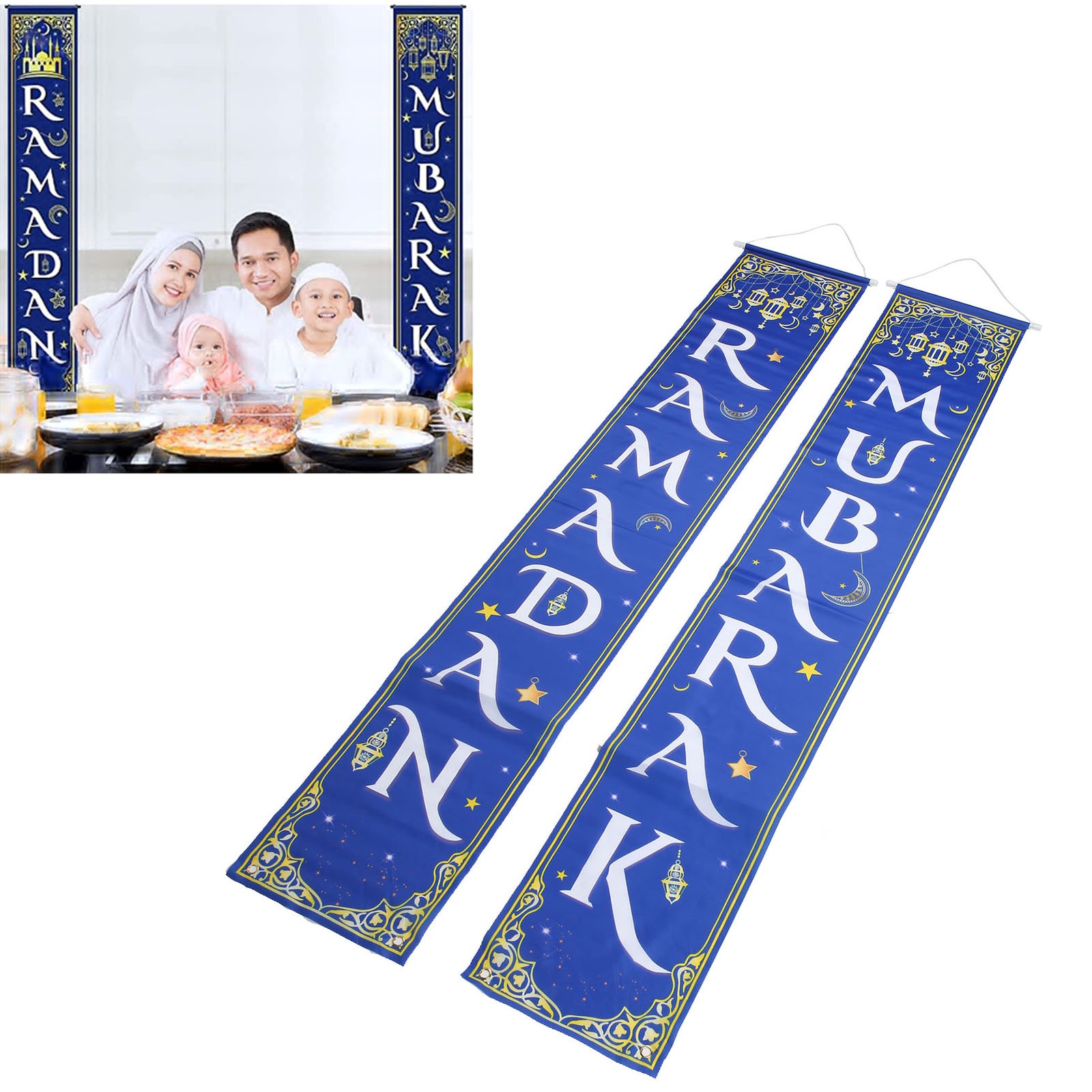‧2pcs Eid Mubarak Porch Sign Waterproof Blue Background 100D Polyester Ramadan