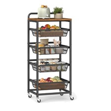 Image of 5-Tier Storage Trolley with Pull-Out Baskets – Rustic & Black Kitchen Cart
