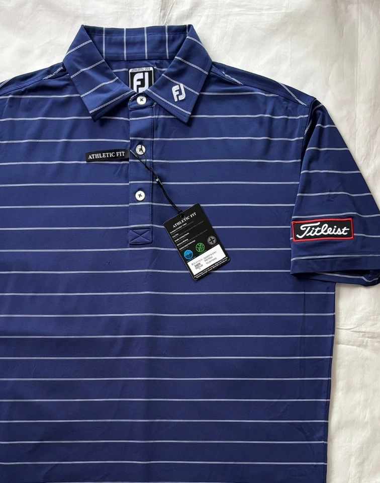 Camisa polo de golf Footjoy para hombre con estampado de tejido de canasta azul blanco parche talla M Foto 4 de 4